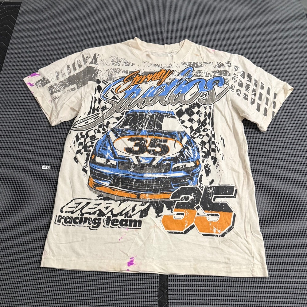 PacSun Eternity Racing Graphic T-Shirt Mens Small Cream Distressed Streetwear